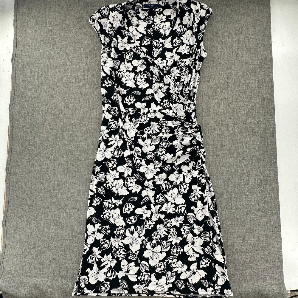 Chaps Sheath Dress Floral‎ Medium Stretch Black & White Shoulder Pads V-Neck